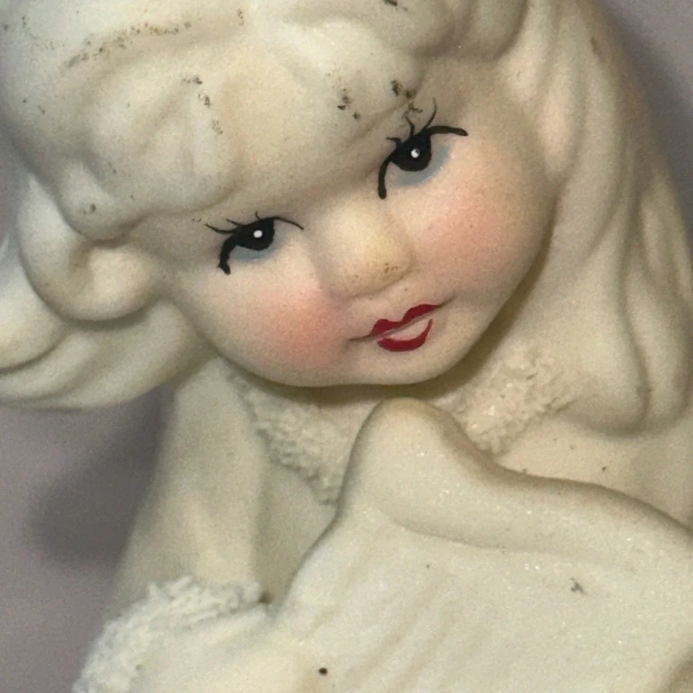 Vintage Ceramic Angel Girl Figurine Harp Christmas Ornament White Textured 4in